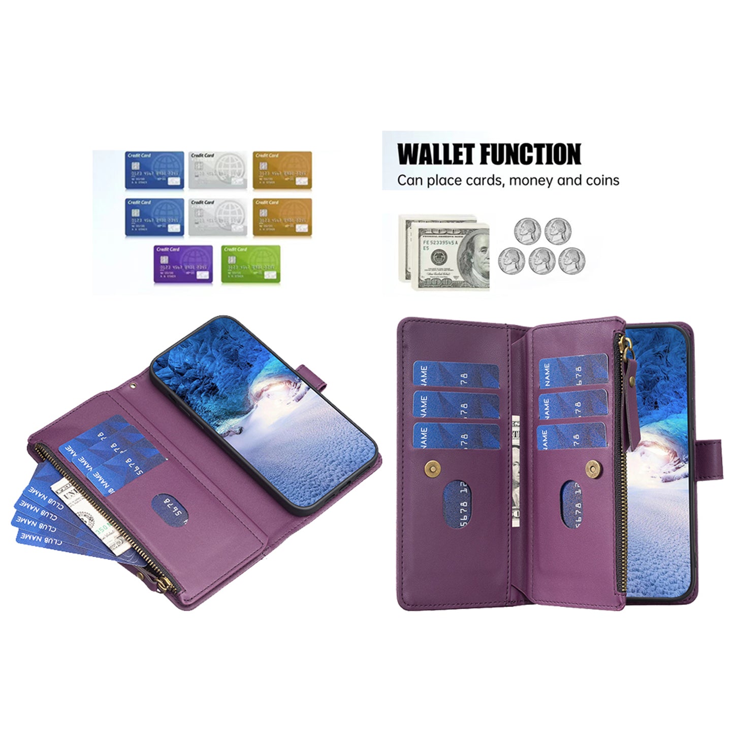 BF Style-19 for Xiaomi Redmi Note 13 Pro+ 5G Leather Wallet Case Zipper Pocket Stand Phone Cover - Dark Purple