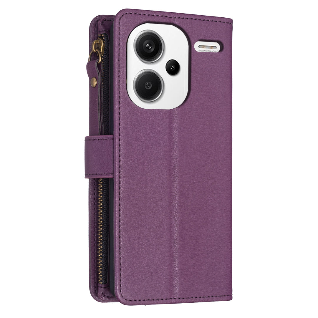 BF Style-19 for Xiaomi Redmi Note 13 Pro+ 5G Leather Wallet Case Zipper Pocket Stand Phone Cover - Dark Purple