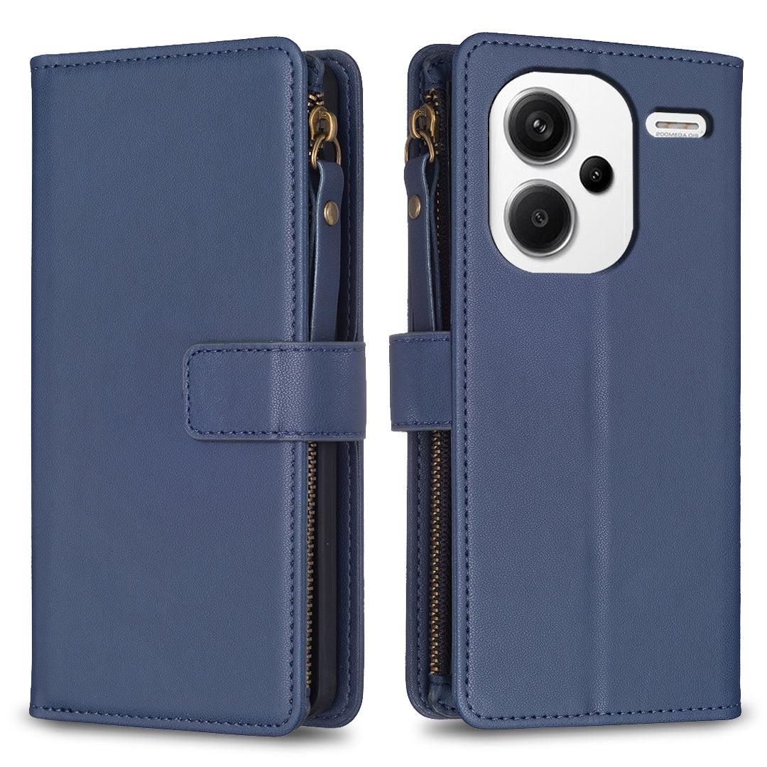 BF Style-19 for Xiaomi Redmi Note 13 Pro+ 5G Leather Wallet Case Zipper Pocket Stand Phone Cover - Blue
