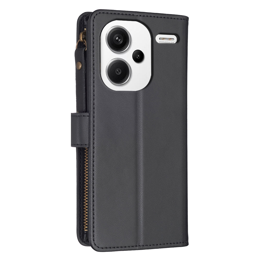 BF Style-19 for Xiaomi Redmi Note 13 Pro+ 5G Leather Wallet Case Zipper Pocket Stand Phone Cover - Black