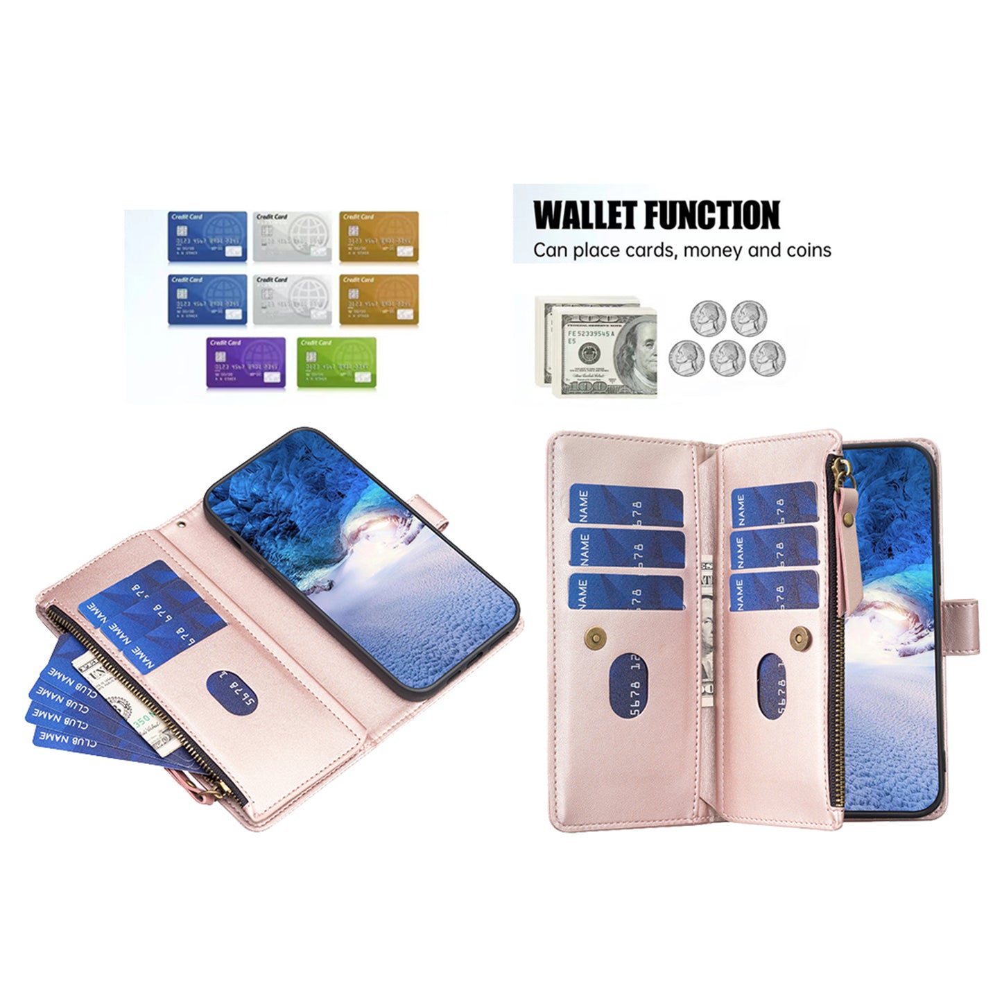 BF Style-19 for Xiaomi Redmi Note 13 Pro+ 5G Leather Wallet Case Zipper Pocket Stand Phone Cover - Rose Gold
