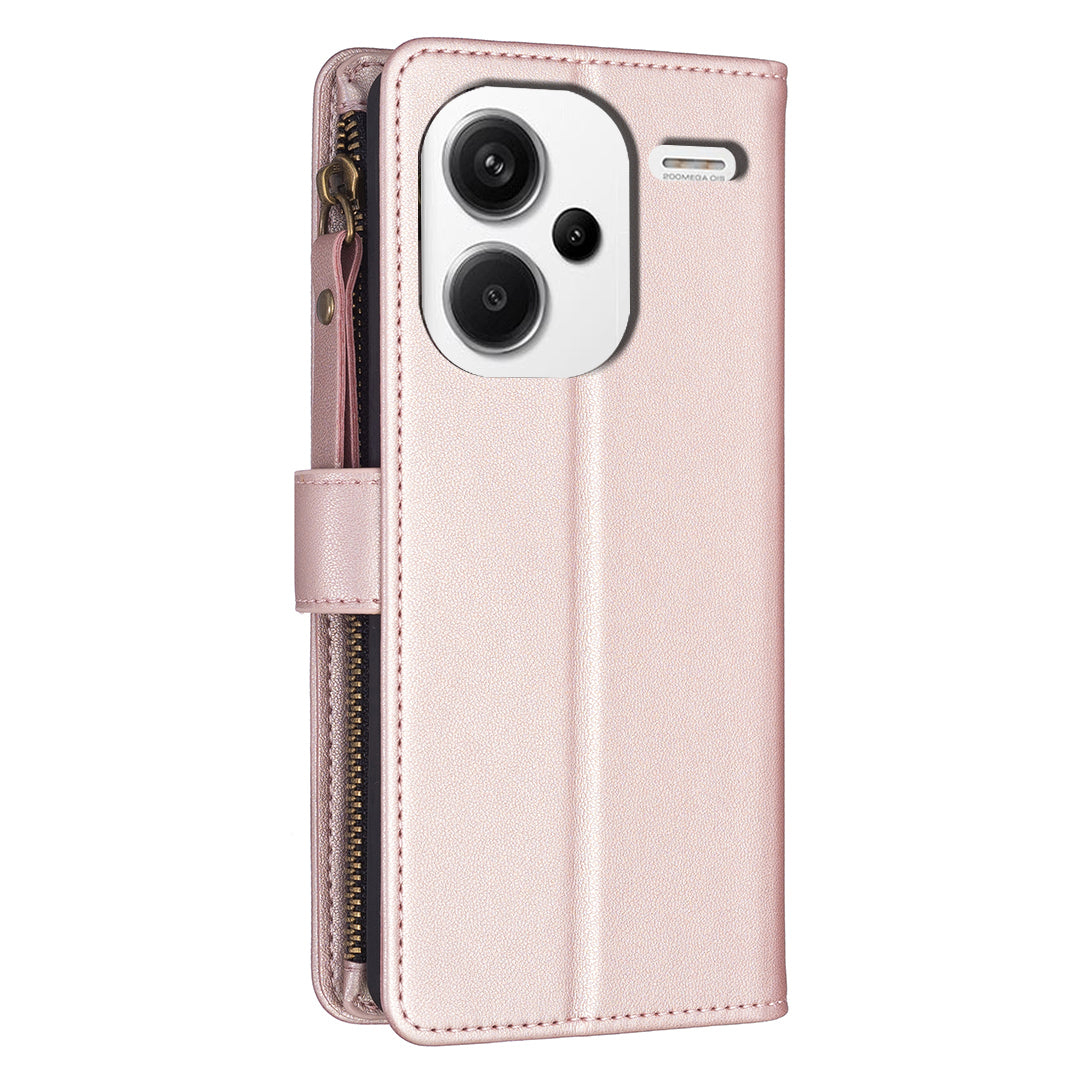 BF Style-19 for Xiaomi Redmi Note 13 Pro+ 5G Leather Wallet Case Zipper Pocket Stand Phone Cover - Rose Gold