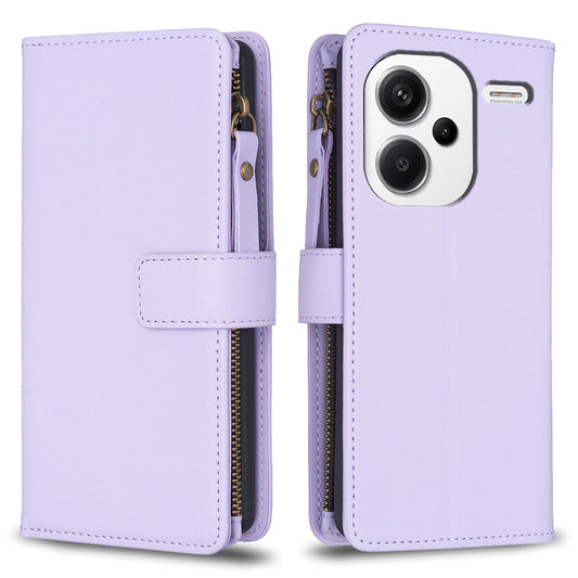 BF Style-19 for Xiaomi Redmi Note 13 Pro+ 5G Leather Wallet Case Zipper Pocket Stand Phone Cover - Purple
