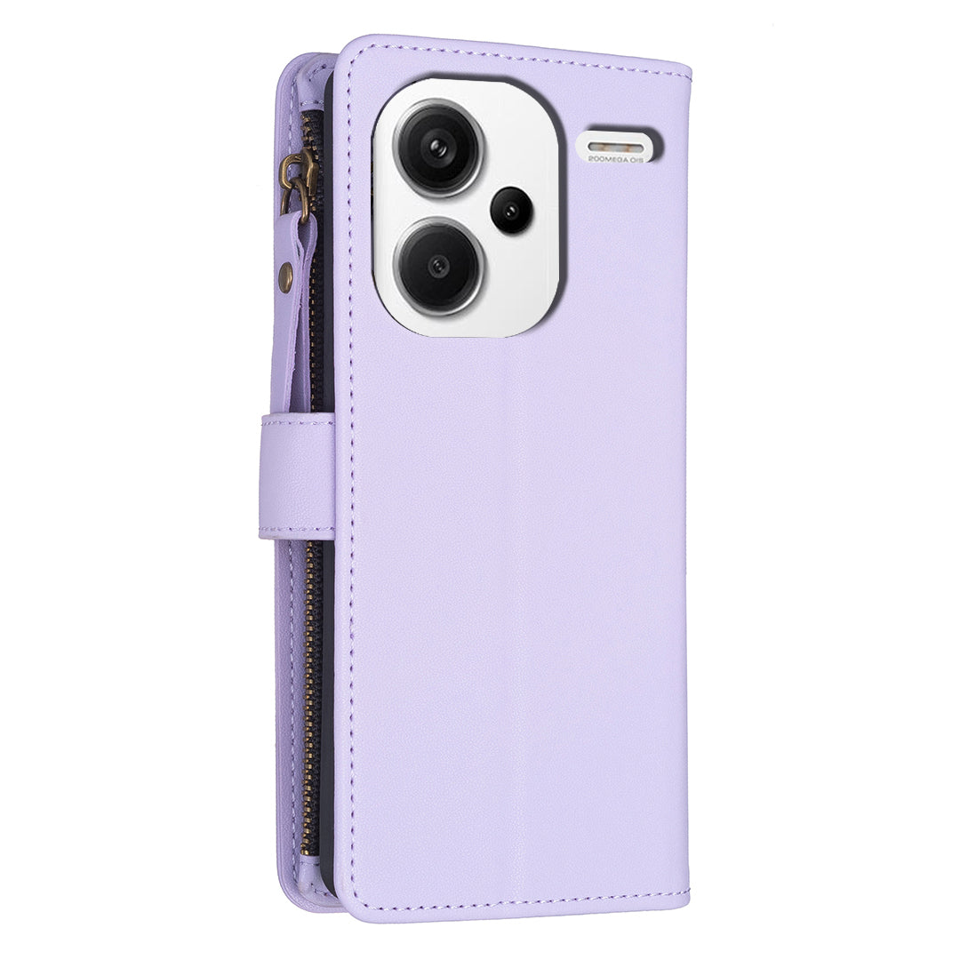 BF Style-19 for Xiaomi Redmi Note 13 Pro+ 5G Leather Wallet Case Zipper Pocket Stand Phone Cover - Purple