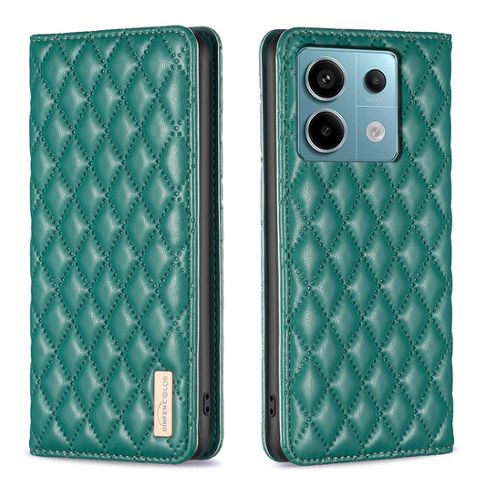 BINFEN COLOR BF Style-16 For Xiaomi Redmi Note 13 Pro 5G / Poco X6 5G Phone Case Rhombus Grid Viewing Stand Cover - Green