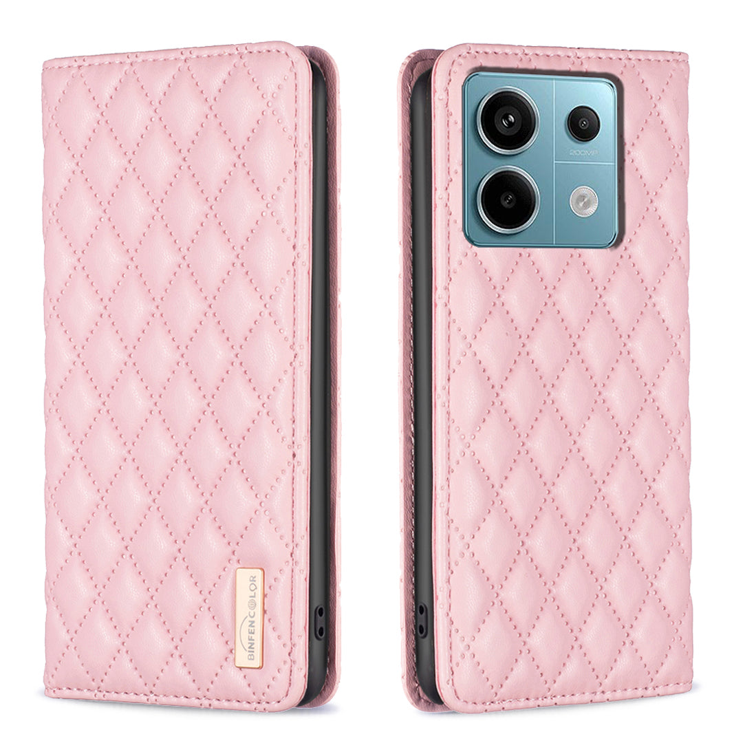 BINFEN COLOR BF Style-16 For Xiaomi Redmi Note 13 Pro 5G / Poco X6 5G Phone Case Rhombus Grid Viewing Stand Cover - Pink