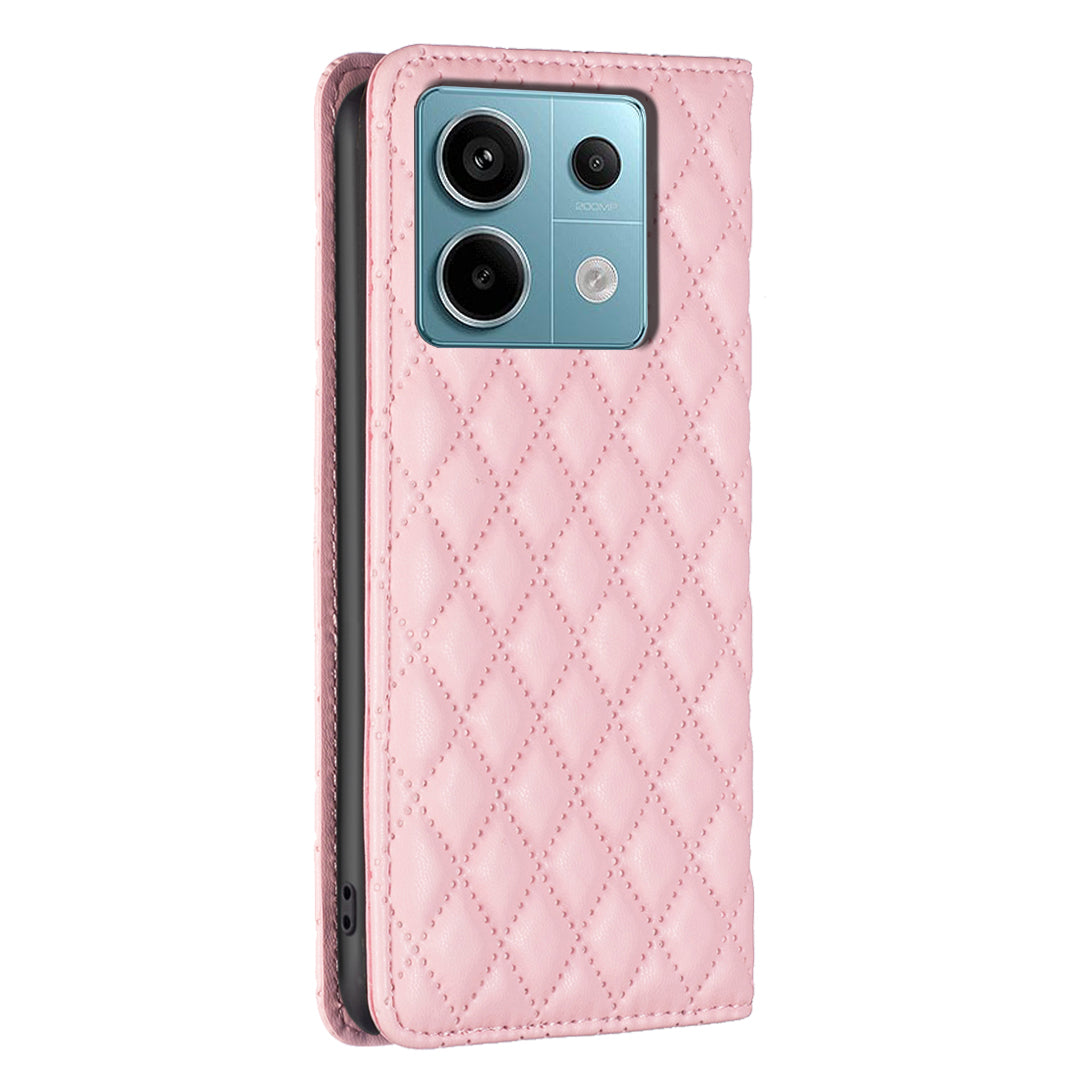 BINFEN COLOR BF Style-16 For Xiaomi Redmi Note 13 Pro 5G / Poco X6 5G Phone Case Rhombus Grid Viewing Stand Cover - Pink