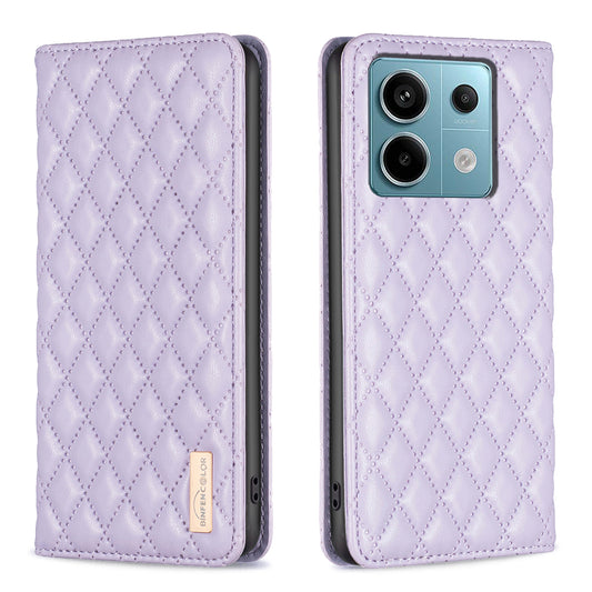 BINFEN COLOR BF Style-16 For Xiaomi Redmi Note 13 Pro 5G / Poco X6 5G Phone Case Rhombus Grid Viewing Stand Cover - Purple