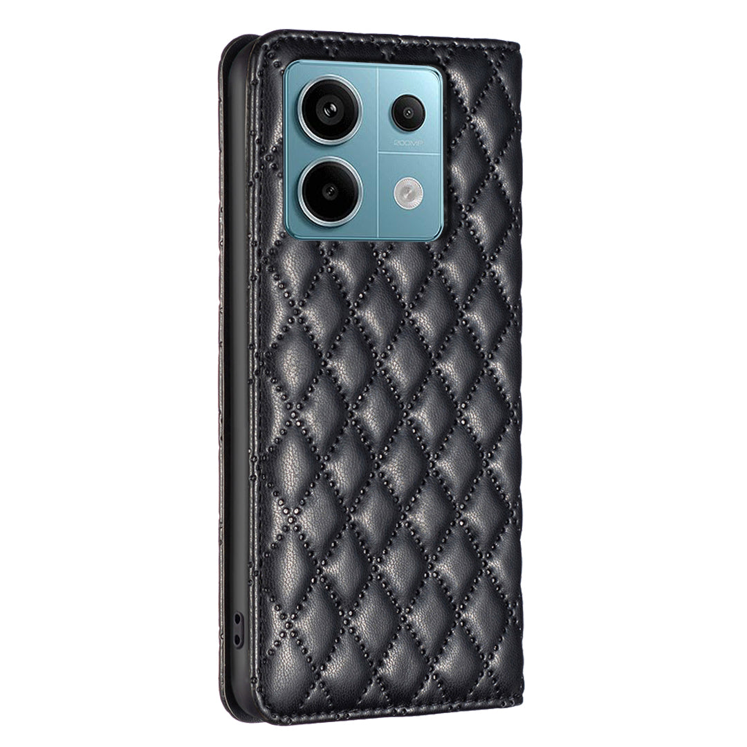 BINFEN COLOR BF Style-16 For Xiaomi Redmi Note 13 Pro 5G / Poco X6 5G Phone Case Rhombus Grid Viewing Stand Cover - Black
