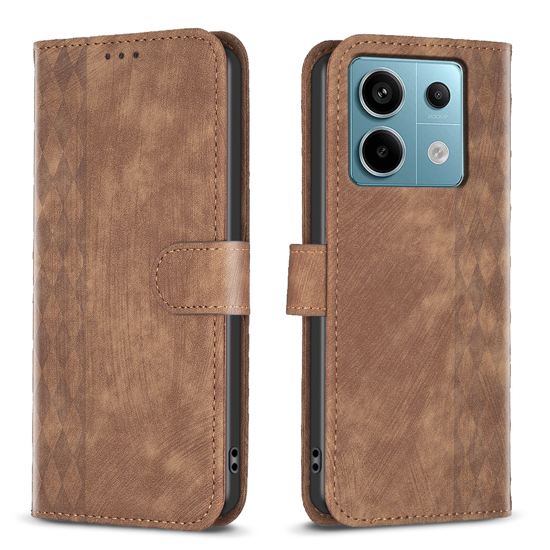 For Xiaomi Redmi Note 13 Pro 5G / Poco X6 5G Leather Case Grid Pattern Folio Wallet Phone Cover - Brown