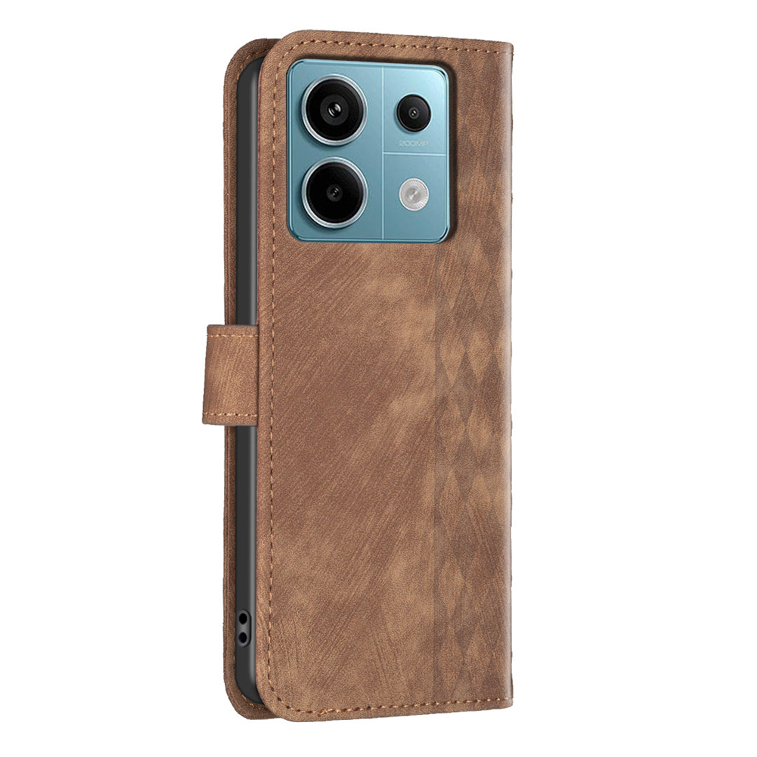 For Xiaomi Redmi Note 13 Pro 5G / Poco X6 5G Leather Case Grid Pattern Folio Wallet Phone Cover - Brown