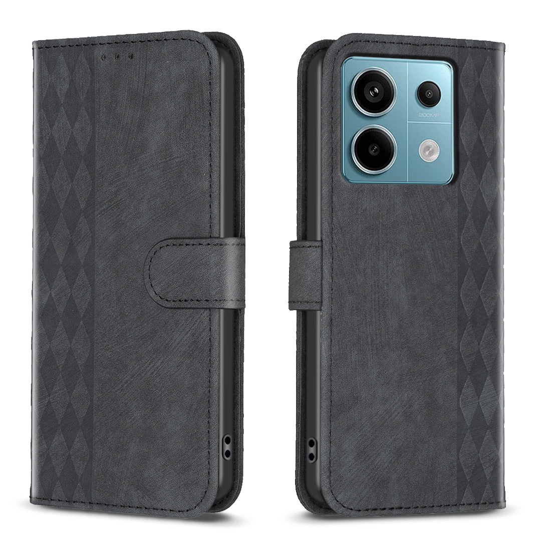 For Xiaomi Redmi Note 13 Pro 5G / Poco X6 5G Leather Case Grid Pattern Folio Wallet Phone Cover - Black