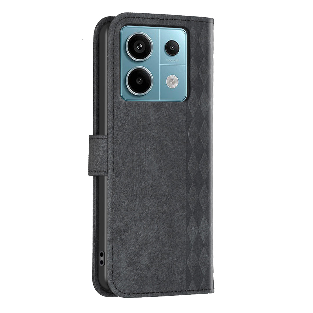 For Xiaomi Redmi Note 13 Pro 5G / Poco X6 5G Leather Case Grid Pattern Folio Wallet Phone Cover - Black