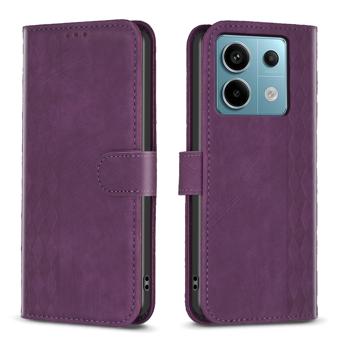 For Xiaomi Redmi Note 13 Pro 5G / Poco X6 5G Leather Case Grid Pattern Folio Wallet Phone Cover - Purple