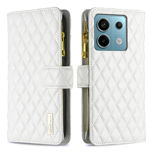 BINFEN COLOR BF Style-15 For Xiaomi Redmi Note 13 Pro 5G / Poco X6 5G Zipper Pocket Case Leather Rhombus Phone Cover - White