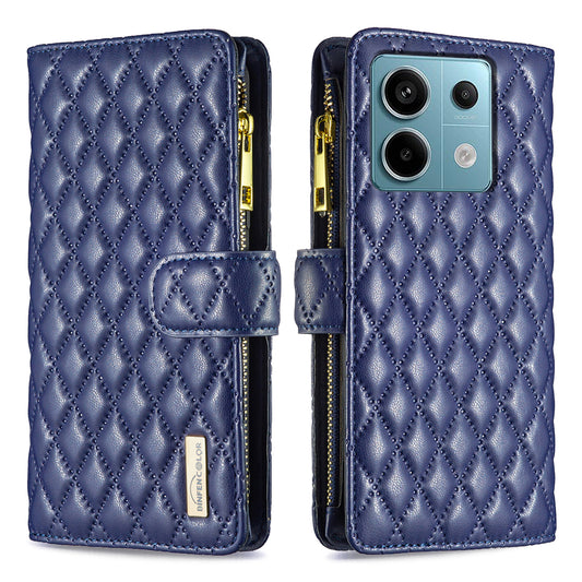 BINFEN COLOR BF Style-15 For Xiaomi Redmi Note 13 Pro 5G / Poco X6 5G Zipper Pocket Case Leather Rhombus Phone Cover - Blue