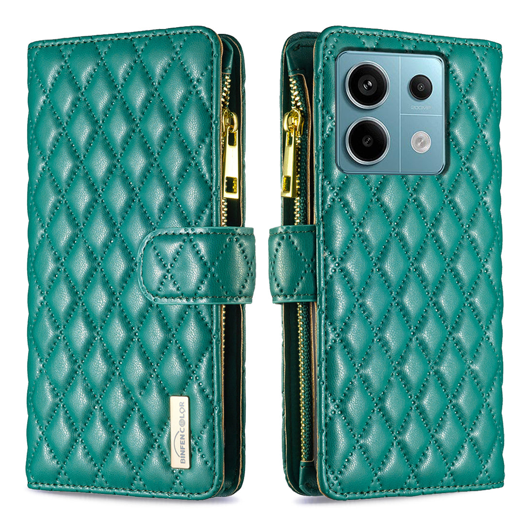 BINFEN COLOR BF Style-15 For Xiaomi Redmi Note 13 Pro 5G / Poco X6 5G Zipper Pocket Case Leather Rhombus Phone Cover - Green