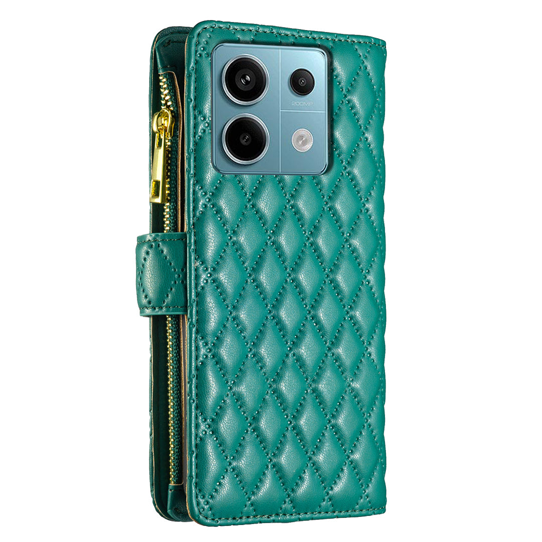BINFEN COLOR BF Style-15 For Xiaomi Redmi Note 13 Pro 5G / Poco X6 5G Zipper Pocket Case Leather Rhombus Phone Cover - Green