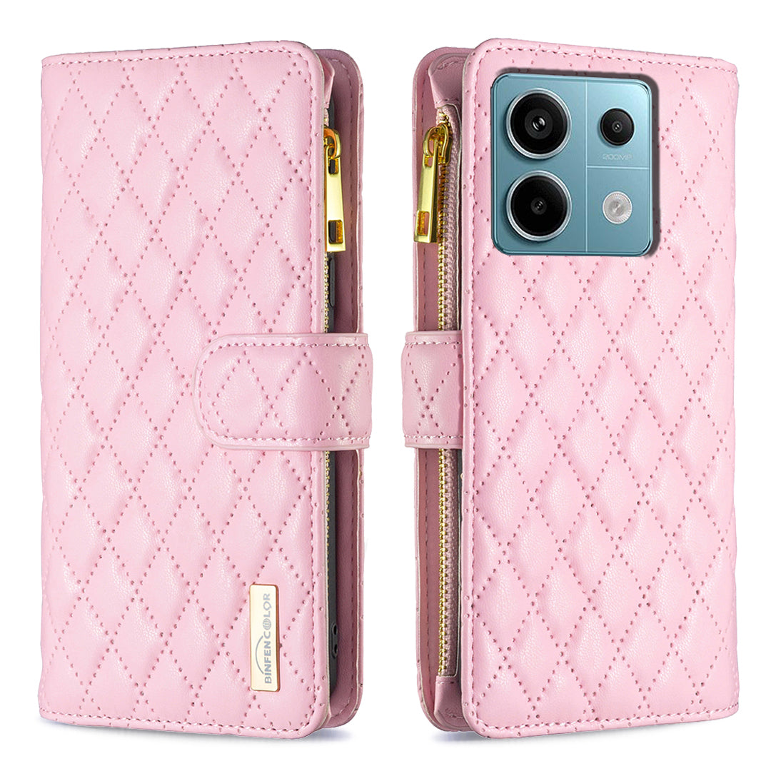 BINFEN COLOR BF Style-15 For Xiaomi Redmi Note 13 Pro 5G / Poco X6 5G Zipper Pocket Case Leather Rhombus Phone Cover - Pink