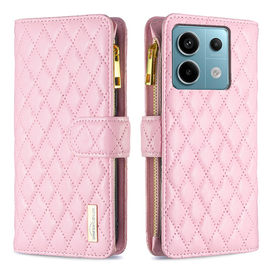 BINFEN COLOR BF Style-15 For Xiaomi Redmi Note 13 Pro 5G / Poco X6 5G Zipper Pocket Case Leather Rhombus Phone Cover - Pink