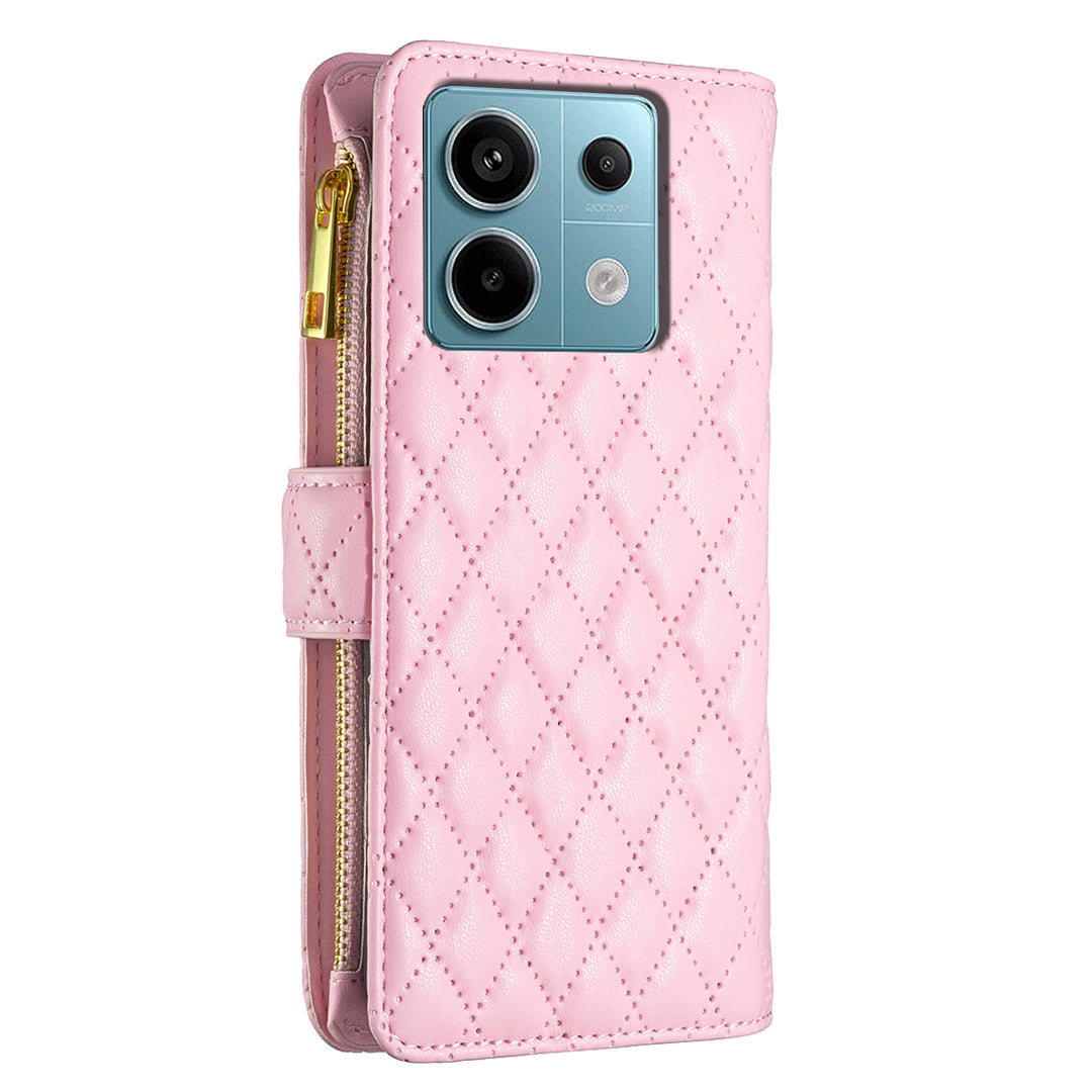 BINFEN COLOR BF Style-15 For Xiaomi Redmi Note 13 Pro 5G / Poco X6 5G Zipper Pocket Case Leather Rhombus Phone Cover - Pink
