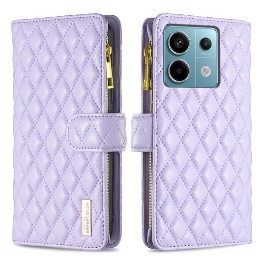 BINFEN COLOR BF Style-15 For Xiaomi Redmi Note 13 Pro 5G / Poco X6 5G Zipper Pocket Case Leather Rhombus Phone Cover - Purple