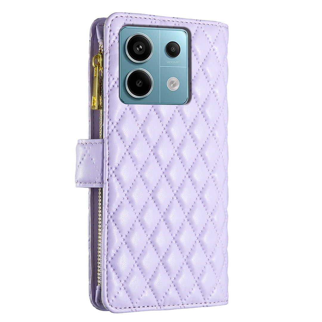 BINFEN COLOR BF Style-15 For Xiaomi Redmi Note 13 Pro 5G / Poco X6 5G Zipper Pocket Case Leather Rhombus Phone Cover - Purple