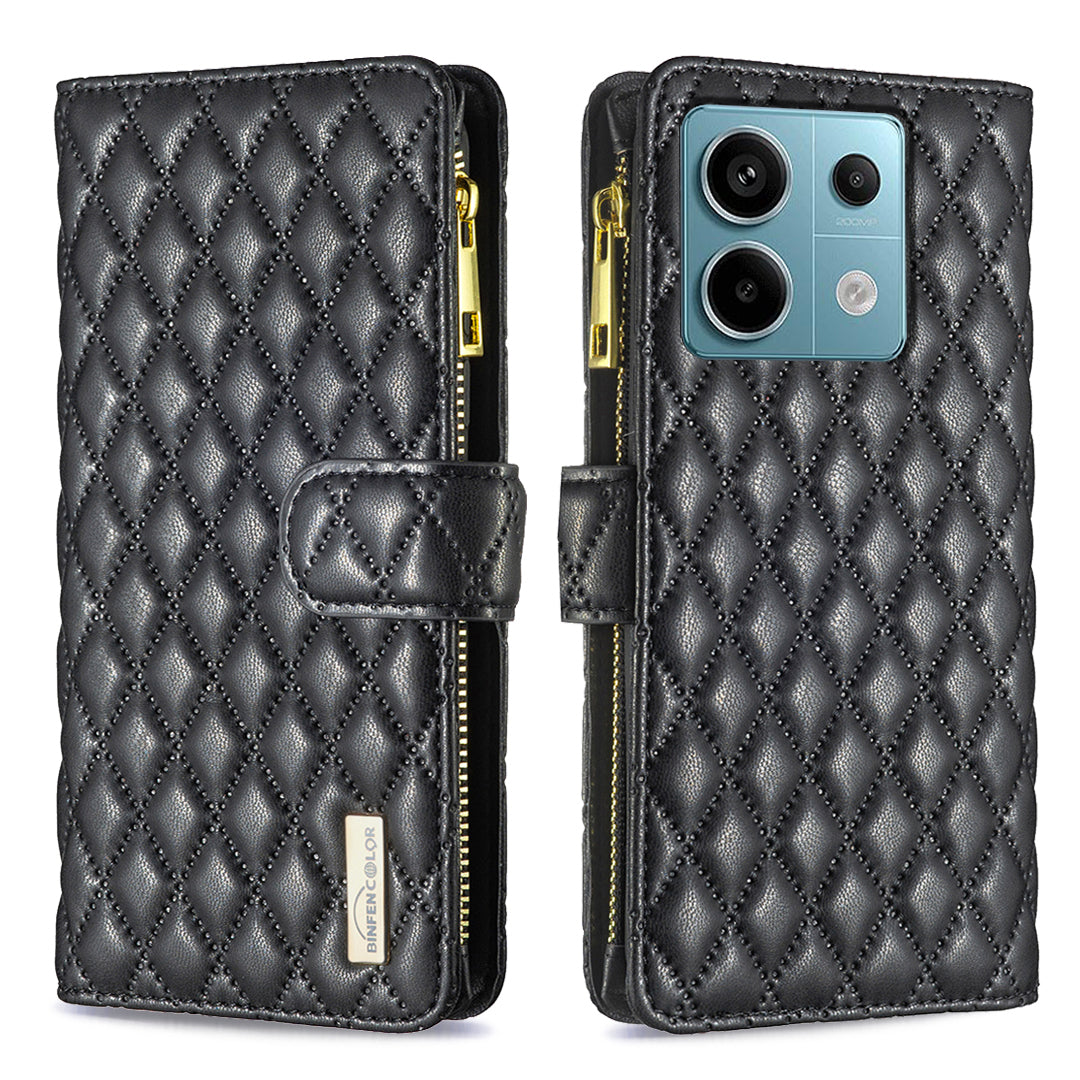 BINFEN COLOR BF Style-15 For Xiaomi Redmi Note 13 Pro 5G / Poco X6 5G Zipper Pocket Case Leather Rhombus Phone Cover - Black