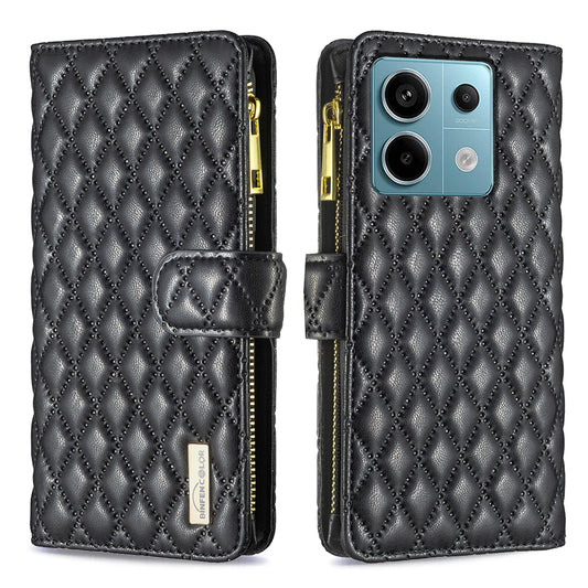 BINFEN COLOR BF Style-15 For Xiaomi Redmi Note 13 Pro 5G / Poco X6 5G Zipper Pocket Case Leather Rhombus Phone Cover - Black