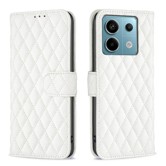 BINFEN COLOR BF Style-14 For Xiaomi Redmi Note 13 Pro 5G / Poco X6 5G Rhombus Case PU Leather Folio Flip Cover - White