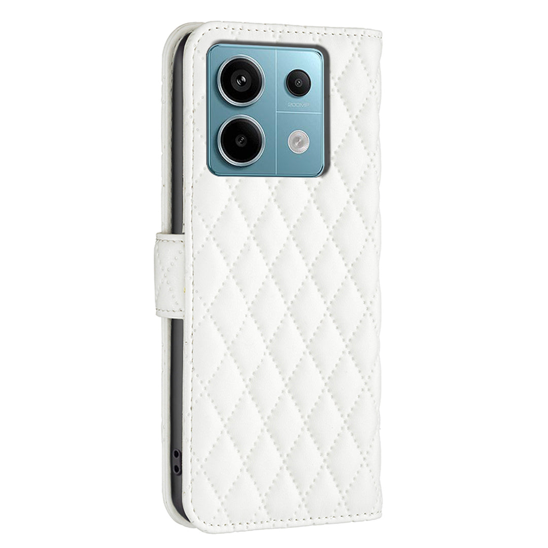 BINFEN COLOR BF Style-14 For Xiaomi Redmi Note 13 Pro 5G / Poco X6 5G Rhombus Case PU Leather Folio Flip Cover - White