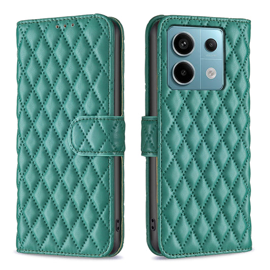 BINFEN COLOR BF Style-14 For Xiaomi Redmi Note 13 Pro 5G / Poco X6 5G Rhombus Case PU Leather Folio Flip Cover - Green