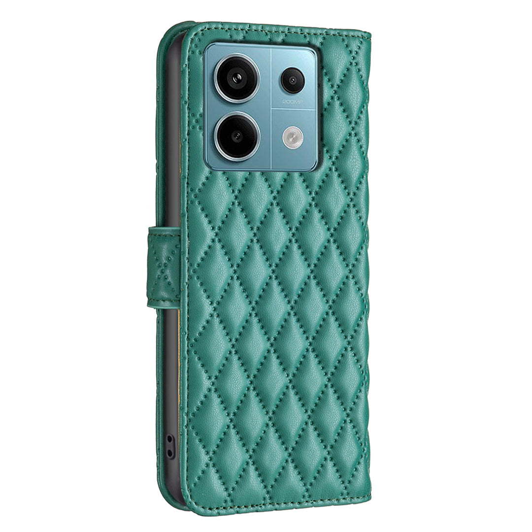 BINFEN COLOR BF Style-14 For Xiaomi Redmi Note 13 Pro 5G / Poco X6 5G Rhombus Case PU Leather Folio Flip Cover - Green