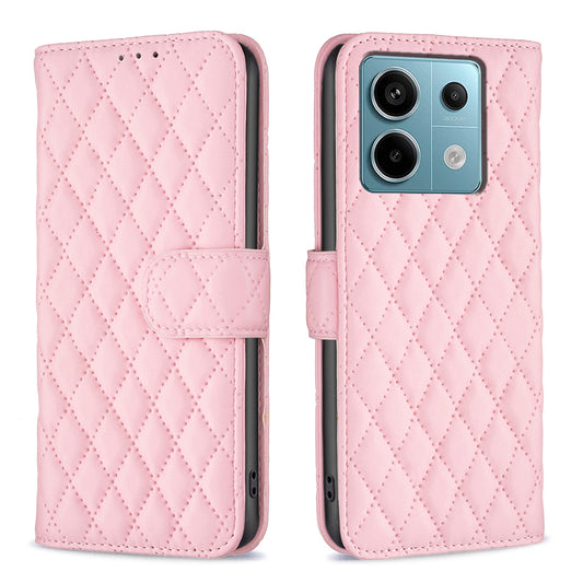 BINFEN COLOR BF Style-14 For Xiaomi Redmi Note 13 Pro 5G / Poco X6 5G Rhombus Case PU Leather Folio Flip Cover - Pink