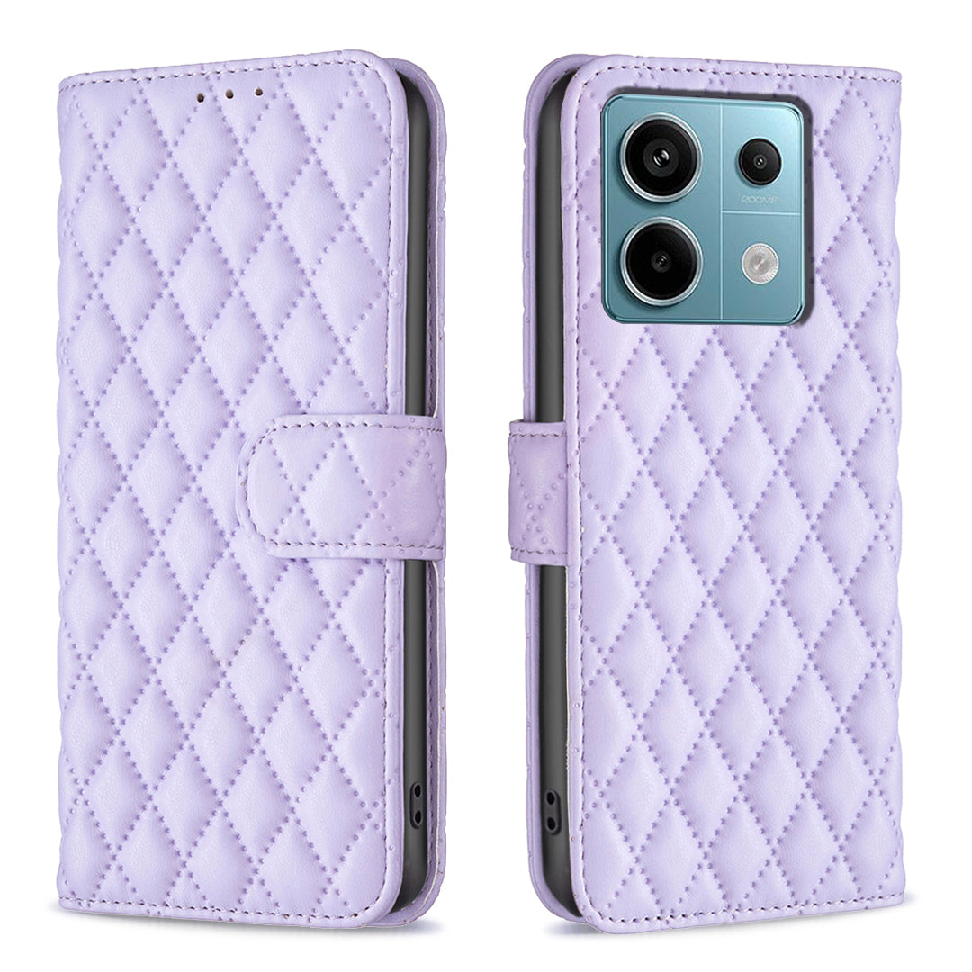 BINFEN COLOR BF Style-14 For Xiaomi Redmi Note 13 Pro 5G / Poco X6 5G Rhombus Case PU Leather Folio Flip Cover - Purple