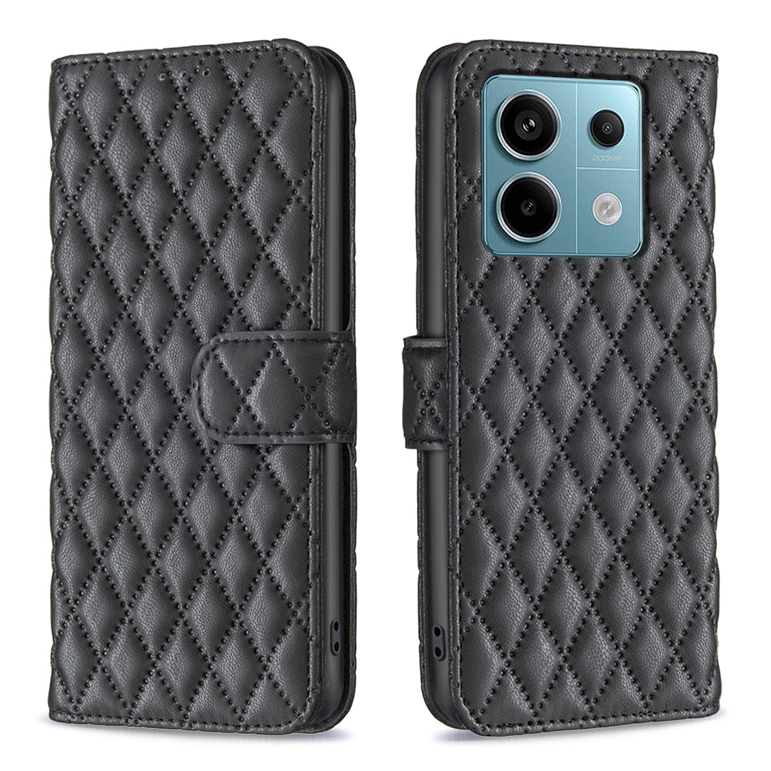 BINFEN COLOR BF Style-14 For Xiaomi Redmi Note 13 Pro 5G / Poco X6 5G Rhombus Case PU Leather Folio Flip Cover - Black