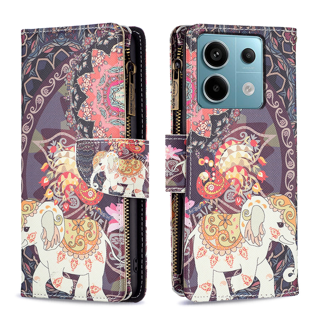 BF03 For Xiaomi Redmi Note 13 Pro 5G / Poco X6 5G Zipper Wallet Case PU Leather Pattern Printing Phone Cover - Flowers and Elephant
