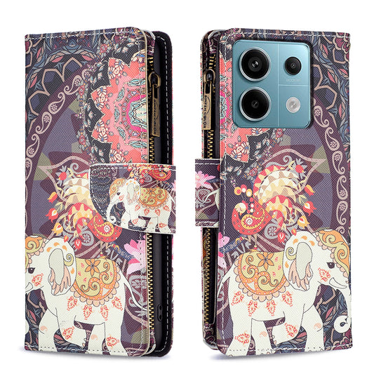 BF03 For Xiaomi Redmi Note 13 Pro 5G / Poco X6 5G Zipper Wallet Case PU Leather Pattern Printing Phone Cover - Flowers and Elephant