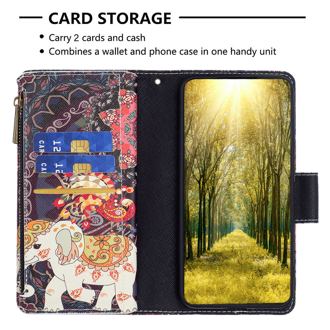 BF03 For Xiaomi Redmi Note 13 Pro 5G / Poco X6 5G Zipper Wallet Case PU Leather Pattern Printing Phone Cover - Flowers and Elephant