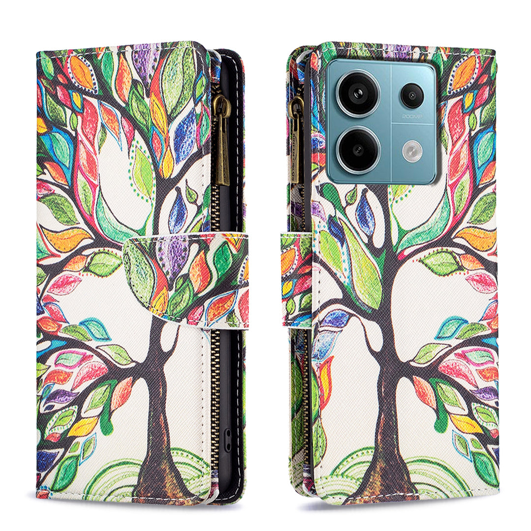 BF03 For Xiaomi Redmi Note 13 Pro 5G / Poco X6 5G Zipper Wallet Case PU Leather Pattern Printing Phone Cover - Life Tree