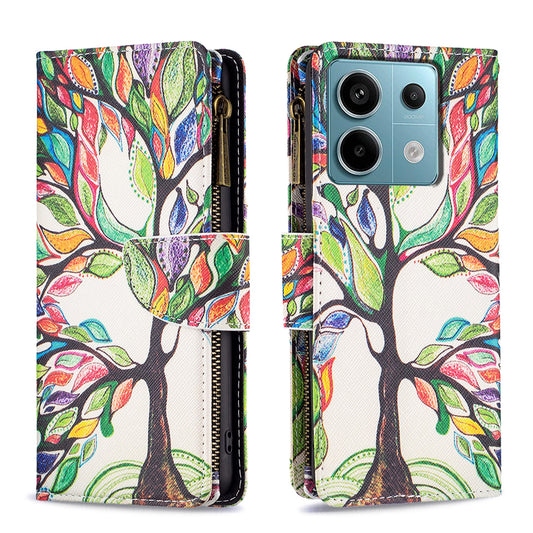 BF03 For Xiaomi Redmi Note 13 Pro 5G / Poco X6 5G Zipper Wallet Case PU Leather Pattern Printing Phone Cover - Life Tree