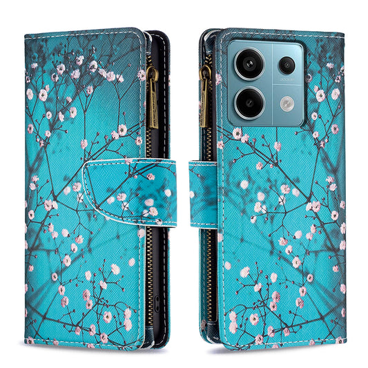 BF03 For Xiaomi Redmi Note 13 Pro 5G / Poco X6 5G Zipper Wallet Case PU Leather Pattern Printing Phone Cover - Plum Blossom