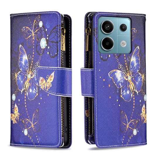 BF03 For Xiaomi Redmi Note 13 Pro 5G / Poco X6 5G Zipper Wallet Case PU Leather Pattern Printing Phone Cover - Purple Butterflies