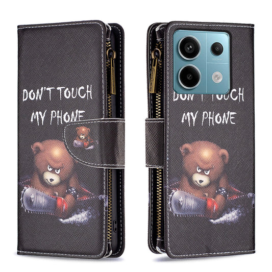 BF03 For Xiaomi Redmi Note 13 Pro 5G / Poco X6 5G Zipper Wallet Case PU Leather Pattern Printing Phone Cover - Bear