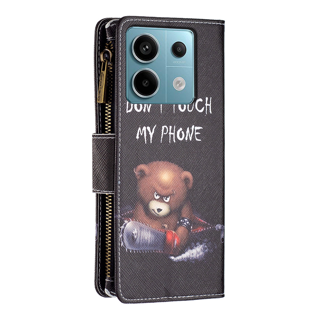 BF03 For Xiaomi Redmi Note 13 Pro 5G / Poco X6 5G Zipper Wallet Case PU Leather Pattern Printing Phone Cover - Bear