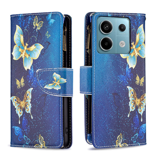 BF03 For Xiaomi Redmi Note 13 Pro 5G / Poco X6 5G Zipper Wallet Case PU Leather Pattern Printing Phone Cover - Golden Butterflies