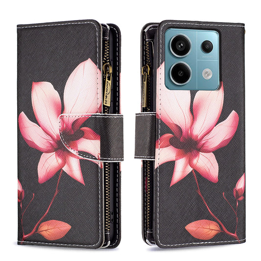 BF03 For Xiaomi Redmi Note 13 Pro 5G / Poco X6 5G Zipper Wallet Case PU Leather Pattern Printing Phone Cover - Lotus