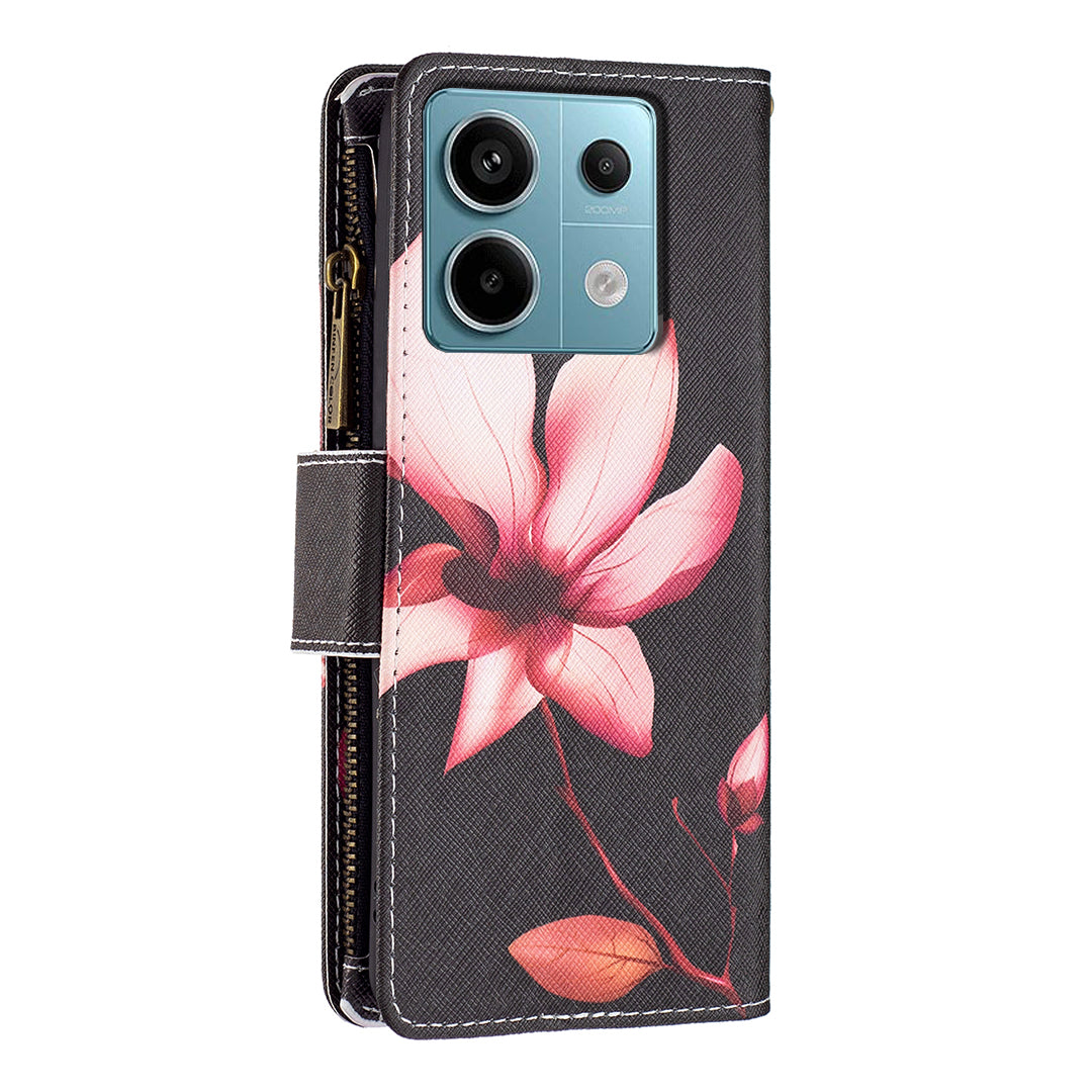 BF03 For Xiaomi Redmi Note 13 Pro 5G / Poco X6 5G Zipper Wallet Case PU Leather Pattern Printing Phone Cover - Lotus