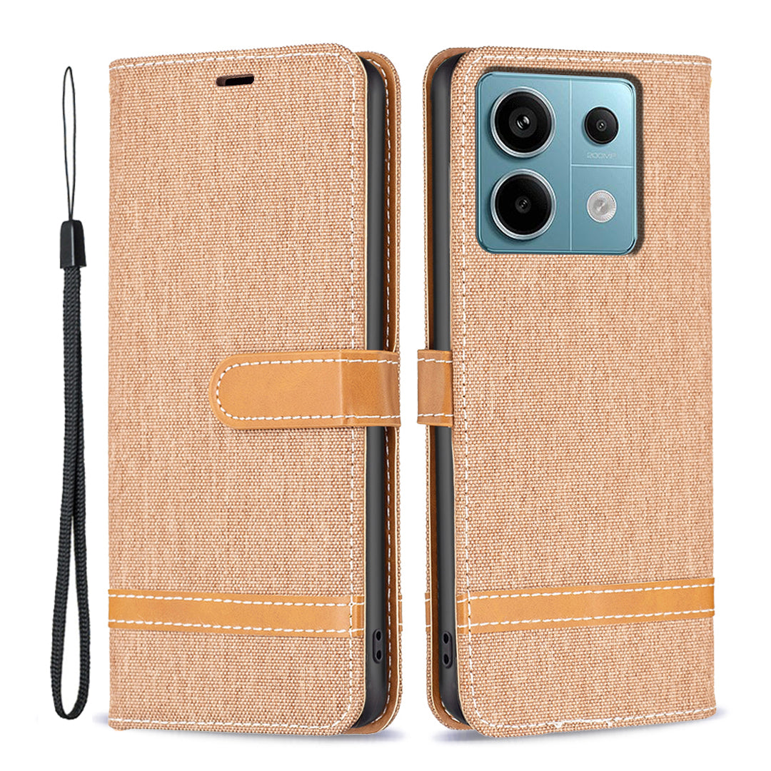 For Xiaomi Redmi Note 13 Pro 5G / Poco X6 5G Case Jeans Cloth Splicing Leather Phone Cover - Brown