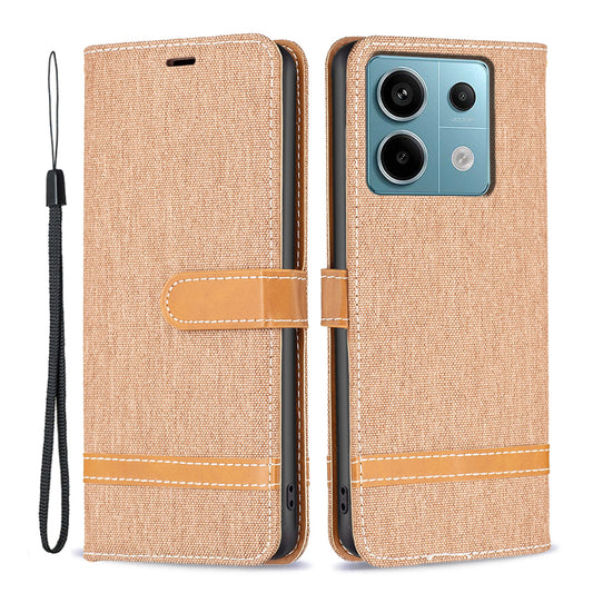 For Xiaomi Redmi Note 13 Pro 5G / Poco X6 5G Case Jeans Cloth Splicing Leather Phone Cover - Brown